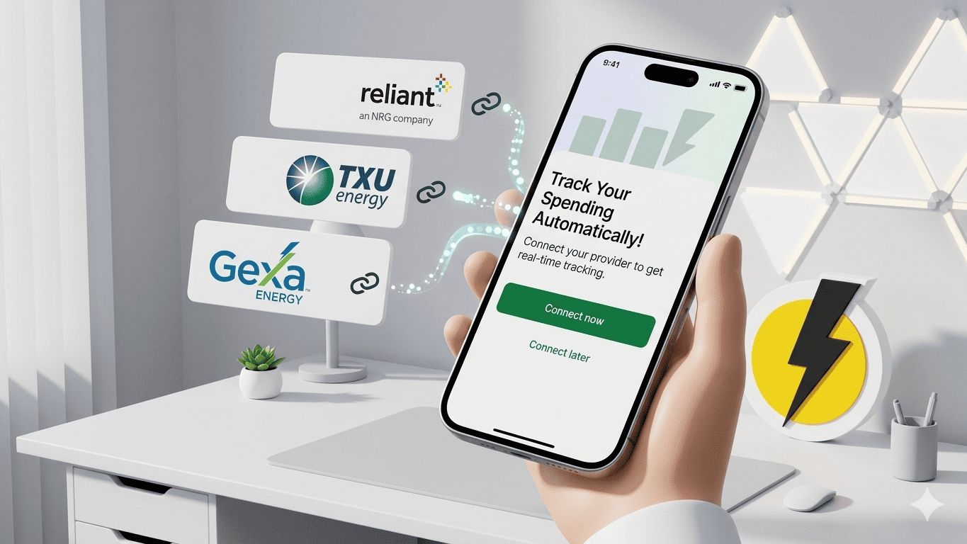 Illustration comparing TXU, Reliant, and Gexa electricity tracking workflows.